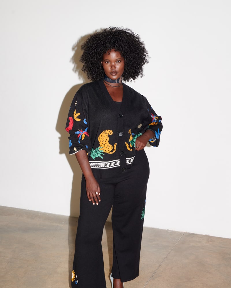Front of a model wearing a size XL Black Solstice Cardigan in Black by Never Fully Dressed. | dia_product_style_image_id:318747